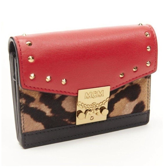 MCM Handbags - MCM red leopard gold studded flap cardholder micro crossbody chain bag